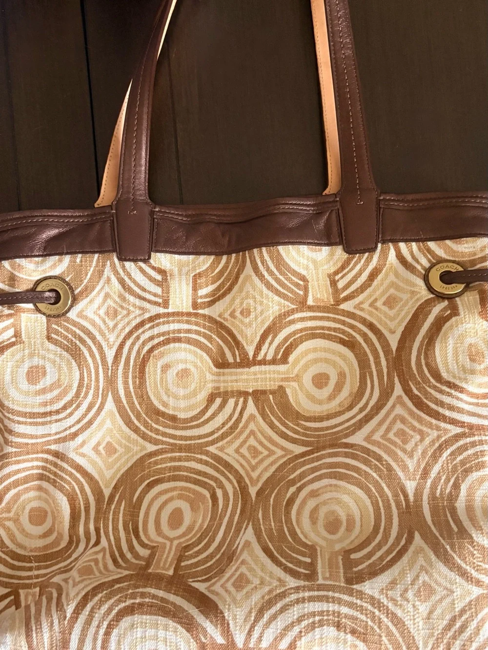 Y2K Vintage Coach Audrey Op Art Swirl Leigh Slim Tote 17044 Brown Beige Y2K